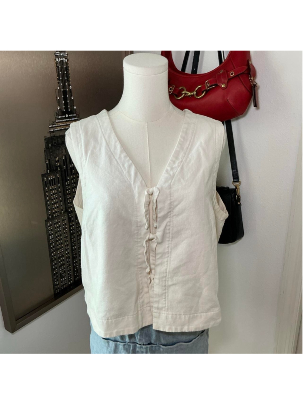 Old Navy White Linen Blend Tie Front Vest Top Size Large